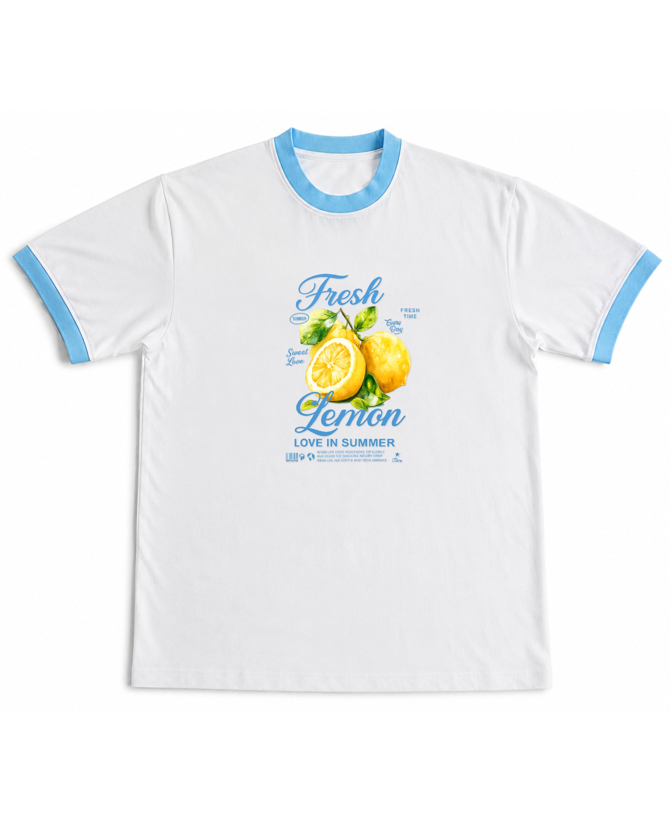 White & Sky Blue Ringer tee Front Design